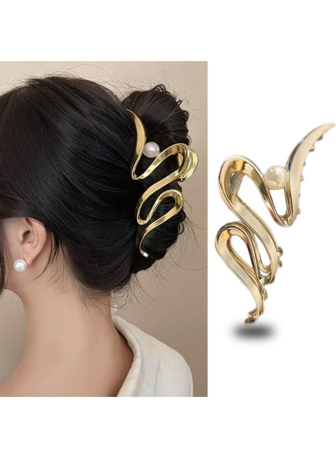 CLENEA 1Pcs Large Hair Claw Clips,Metal Snake Wave Hair Clips with Pearl Design,Strong Hold Hair Jaw Clips for Thick or Thin Hair,Irregular Wave Hair Clamp,No-slip Grip Clips for Women (Gold) - Image 1